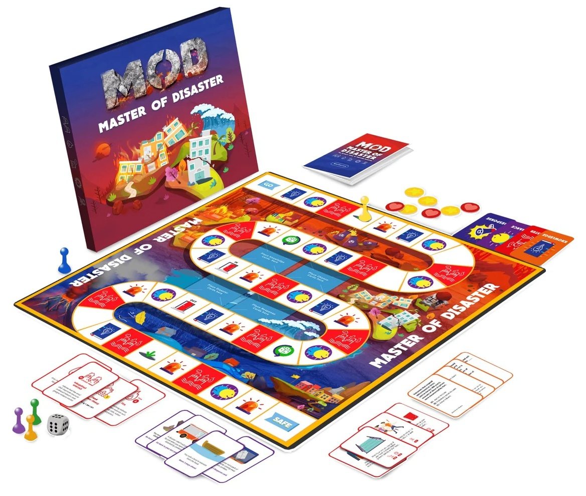 Master of Disaster — the board game, with its board, cards, dice and pawns.